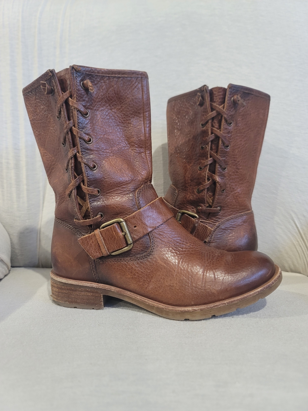 Sofft Brown Leather Moto Boots Women’s 6.5M Buckle Lace-Up - Picture 2 of 8